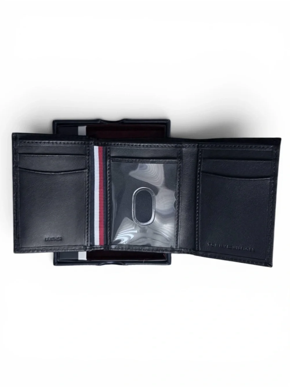 Tommy Hilfiger Trifold Black Leather Card Holder with Flag Accent